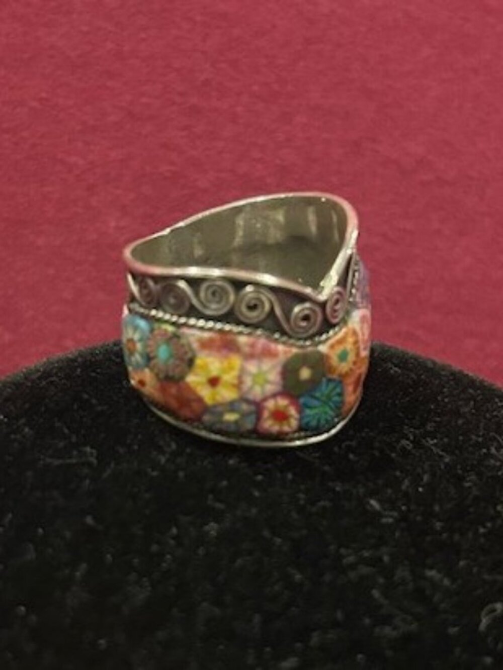 MILLEFIORI Flower Glass 925 Sterling Silver Cigar BAND RING